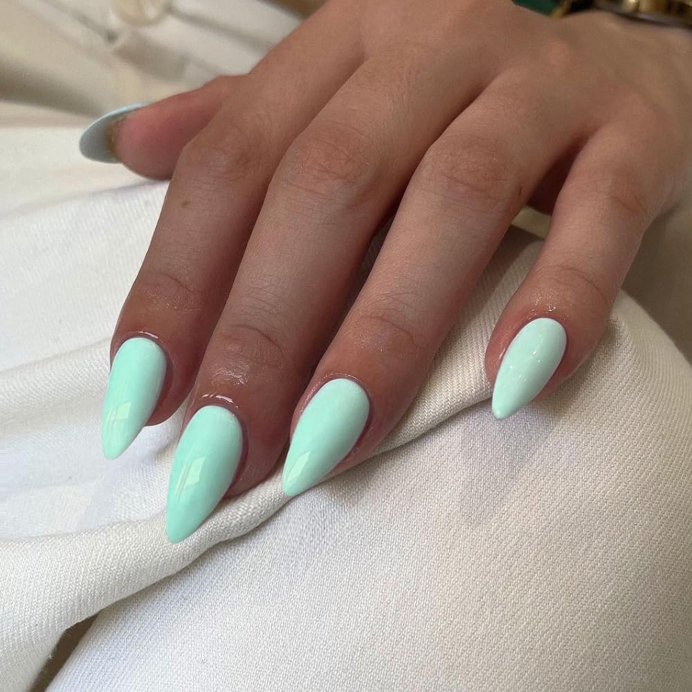 Mint Green Press on Nails Medium Stiletto Almond,KQueenest Glossy Acrylic Nails Kit Reusable Fake Nails Feature Protective UV Coating for Women Nail Art Manicure in 24 Pcs
