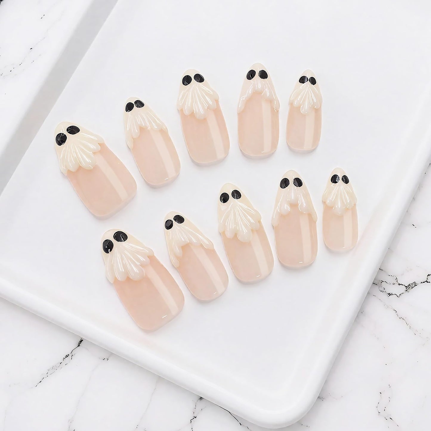 Halloween Press on Nails Handmade White Little Ghost French Tip Fake Nails with Designs Medium Almond False Nails Cute Spooky Halloween Thicked Stick on Nails for Women Holiday Nail DIY Decor (Size M)