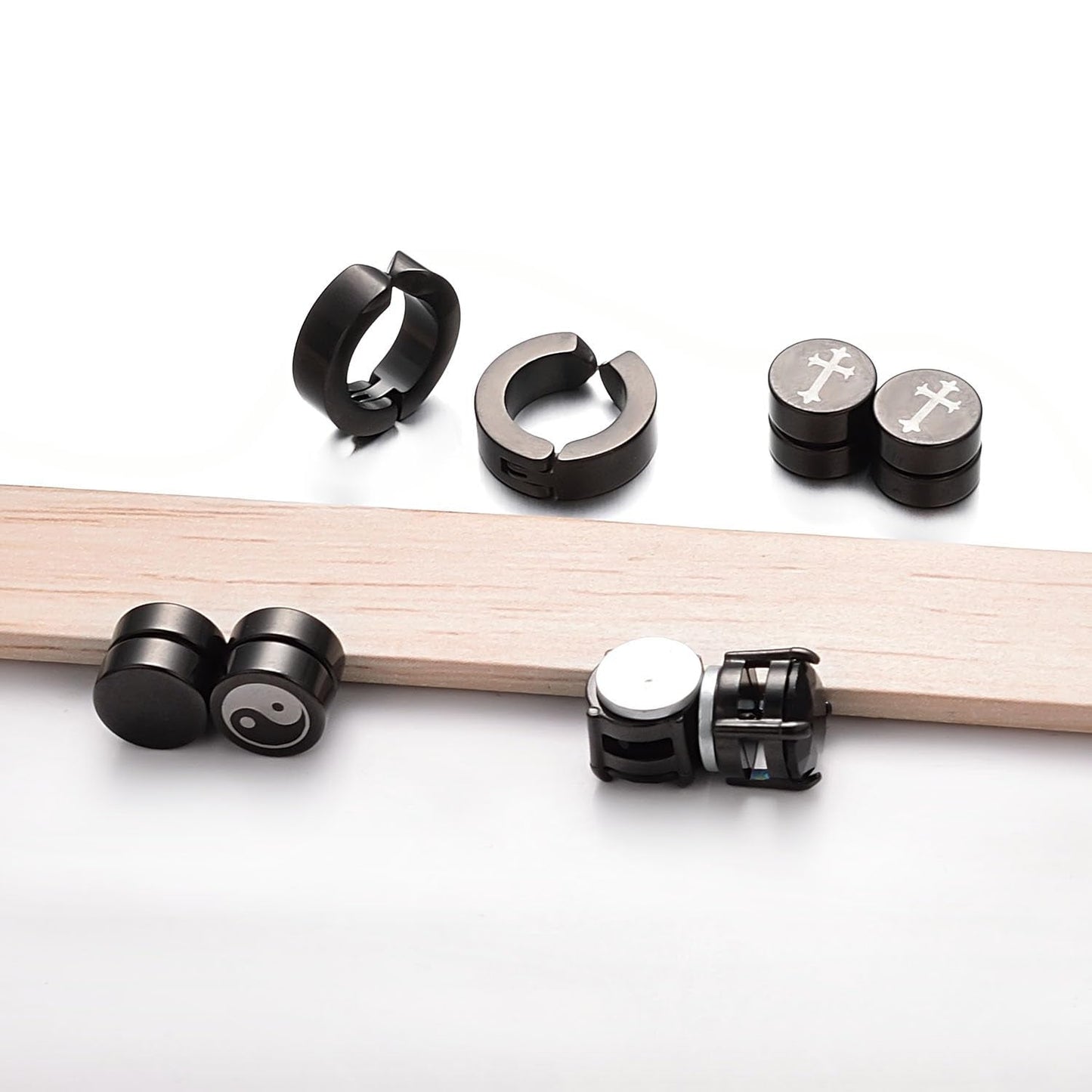 Airokiy 4 Pairs Magnetic Earrings For Men Non Pierced Fake Earrings For Men Black Clip On (8/13mm)