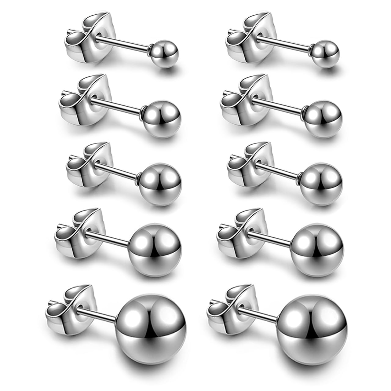 Top Plaza 10Pcs Hypoallergenic Stainless Steel Round Ball Earrings for Women Men Studs Earring Set 3mm-8mm(Silver)