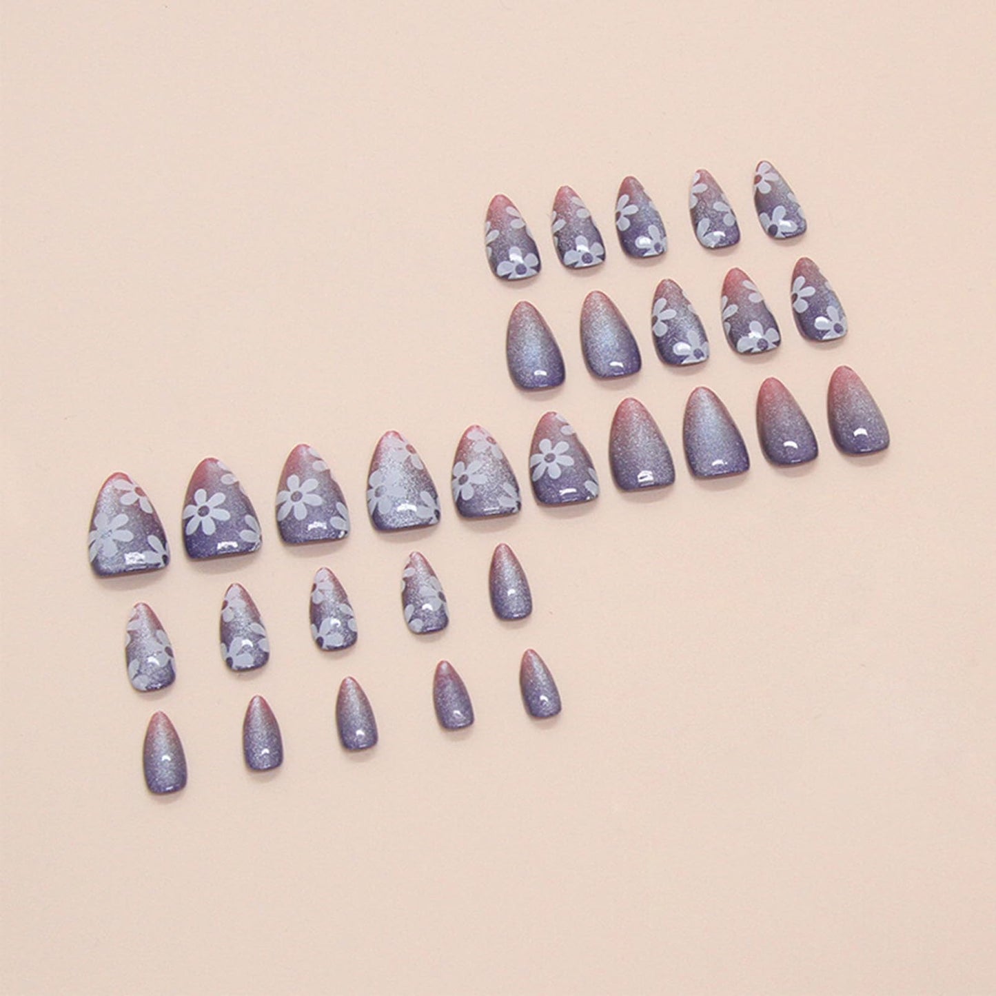 Pink Gradient Cat Eye Press on Nails Glossy Blue Ombre Cat Eye Acrylic Fake Nails 24Pcs White Flower False Nails Gel Glue on Nails for Manicure Cat Eye Stick on Short Almond Nails for Coquette Women
