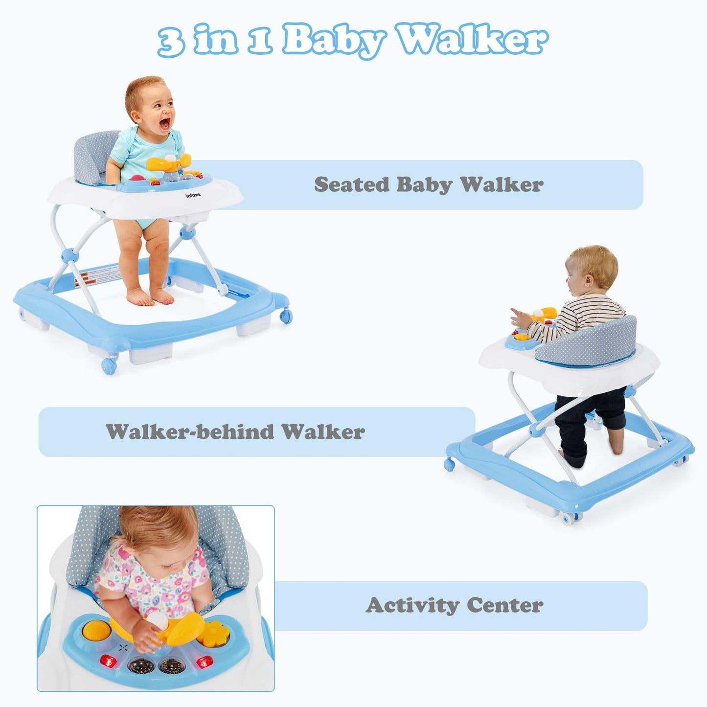 INFANS Foldable Baby Walker, 3 in 1 Toddler Walker Leaning-Seated Walk-Behind with Removable Music Tray, Adjustable Height, Washable Seat Cushion for Boys and Girls (Wave Point)