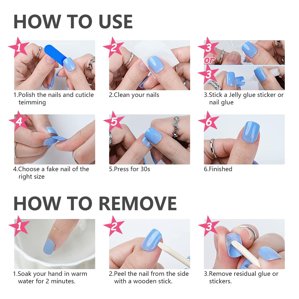 30Pcs Short Press on Nails Coffin Fake Nails Shiny Blue White False Nail 3D Star Moon Sun Design Glossy Glitter Glue on Nail Full Cover Acrylic Nails Press ons Artificial Fingernails for Women