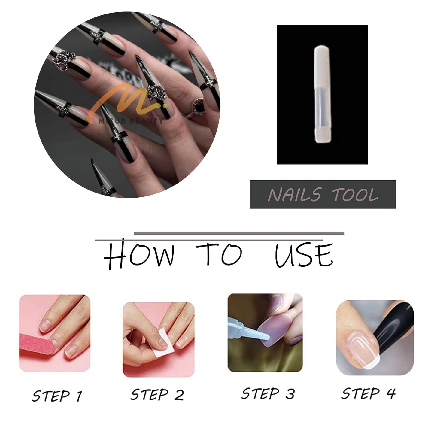 MISUD Press on Nails - Long Stiletto Fake Nails with Goth Black Cross, Acrylic Y2K Charms Design 24 pcs