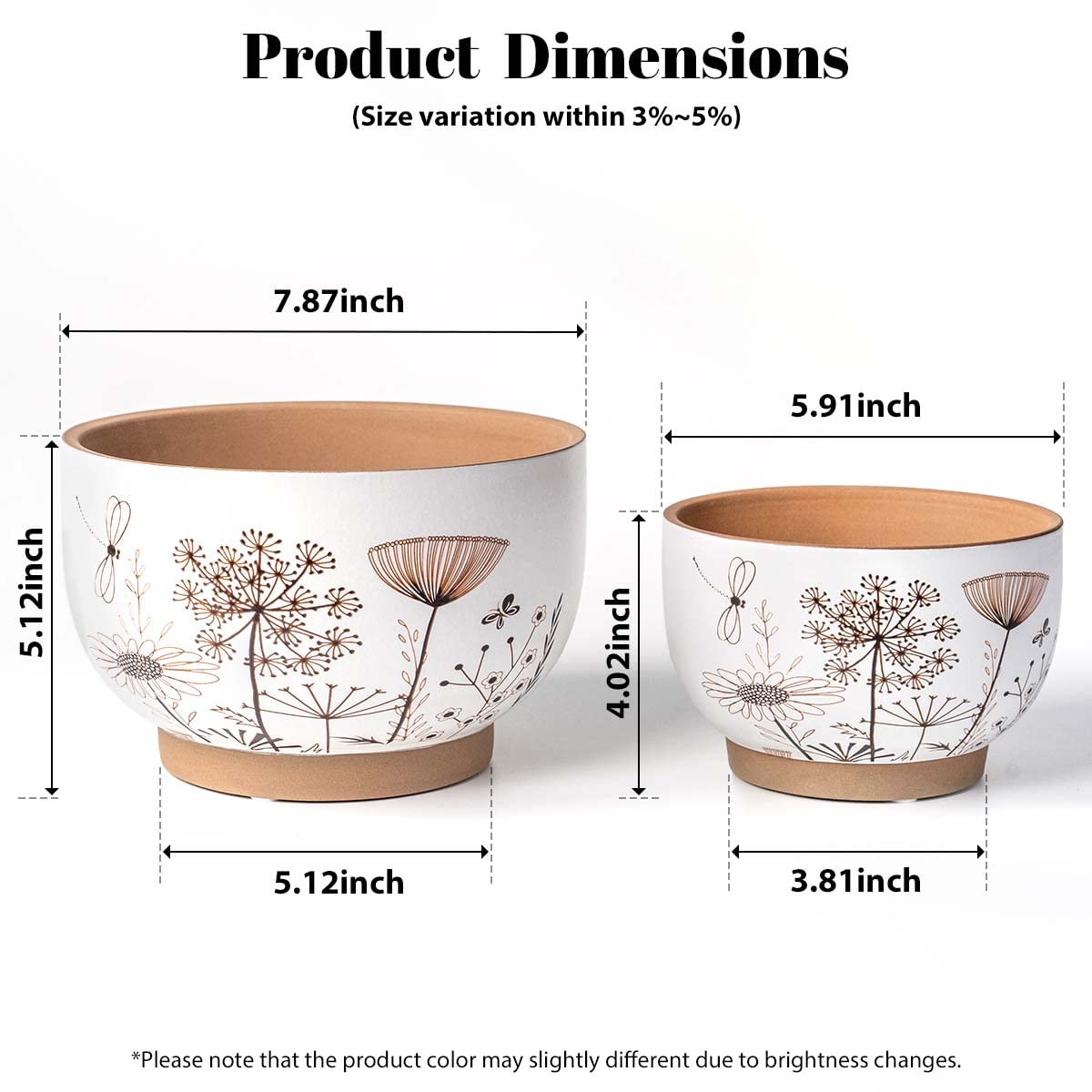 YBX 8 Inch + 6 Inch Ceramic Plant Pots, Succulent Flower Pots with Drainage Holes, Terracotta Planters for Indoor Plants, White&Terracotta (Garden)