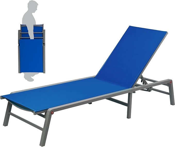 Kozyard Outdoor Foldable Lounge Chair, Aluminum Frame Patio Lounger with 5-Position Adjustable Backrest, Breathable Textilene Fabric, Assemble-Free, Reclining Full-Flat Poolside(Blue)