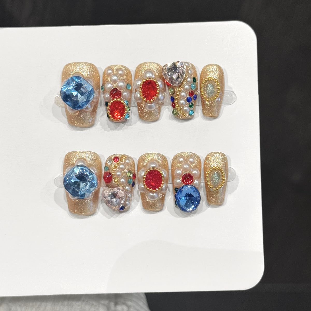 Handmade Press on Nails Long Coffin False Nails Gold False Nailswith 3D Rhinestones Designs Charm Cute luxury Sparkly Acrylic Nails for Women (Size M）10pcs