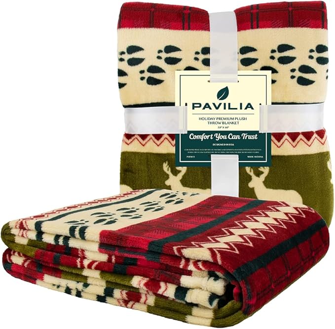 PAVILIA Christmas Throw Blanket | Red Christmas Holiday Fleece Blanket | Soft, Plush, Warm Winter Cabin Throw, 50x60 (Red Christmas)