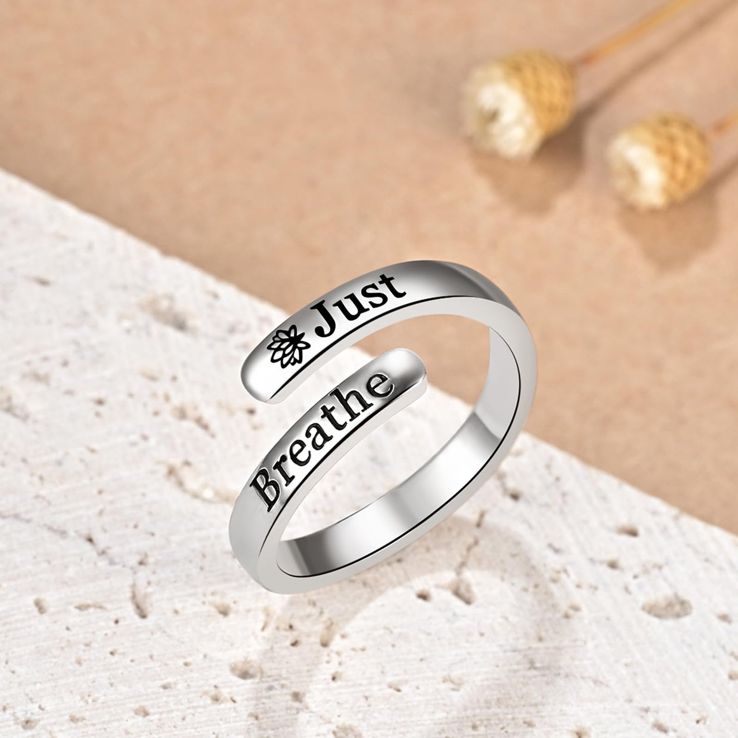Silver Adjustable Ring Inspirational Jewelry S925 Sterling Wrap Open Ring for Women (Just Breathe)