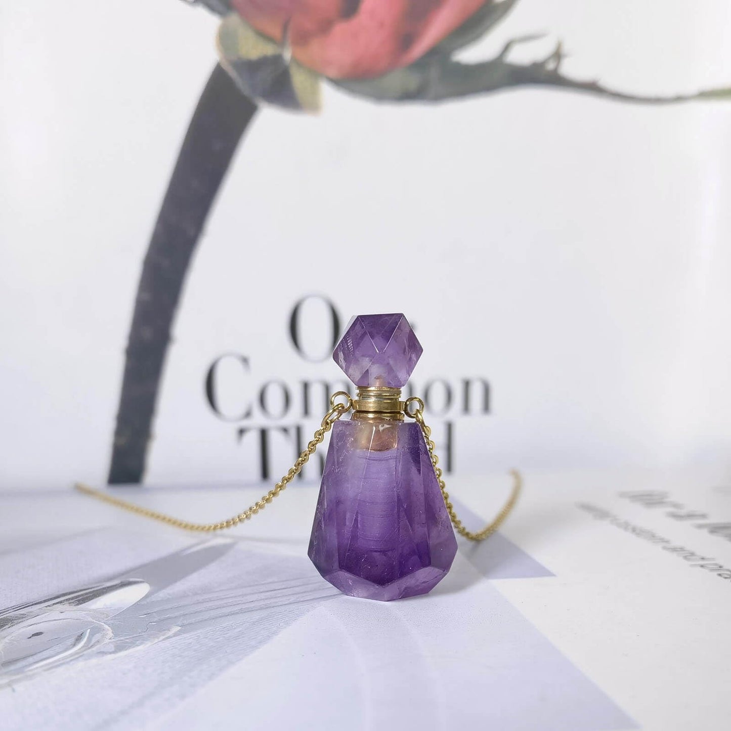 Ladywowu Amethyst Necklace, Natural Purple Crystal Perfume Bottle Necklace for Liquid, Essential oi