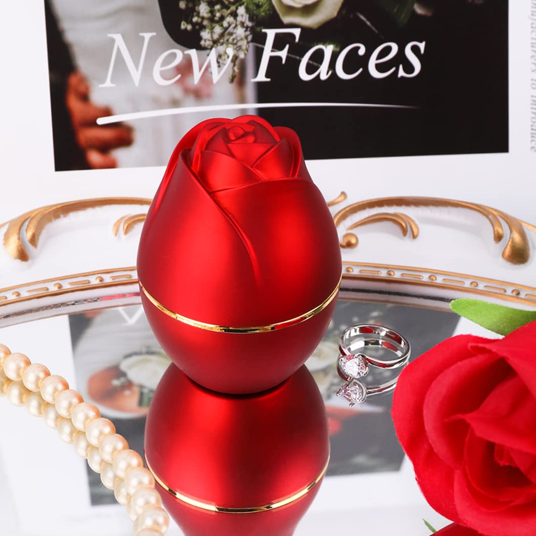 Rolin Roly Red Ring Box with LED Light Rose Jewelry Ring Case Jewellry Display Gift Boxes for Mother's Day Wedding Ring Box Ceremony Engagement Proposal Anniversary