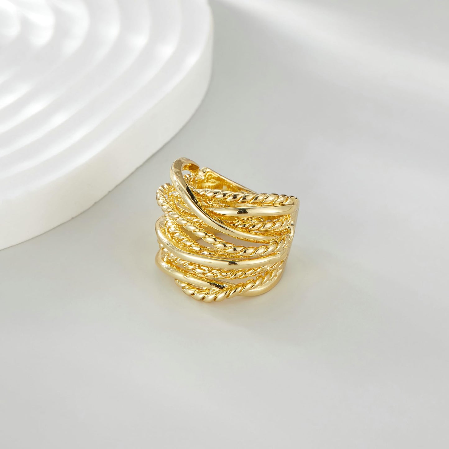 Mytys Gold and Silver Statement Rings for Women Wire Intertwined Design 14K Gold Plated Silver Band Ring Wide Index Finger Rings Costume Jewelry (Gold, 8)