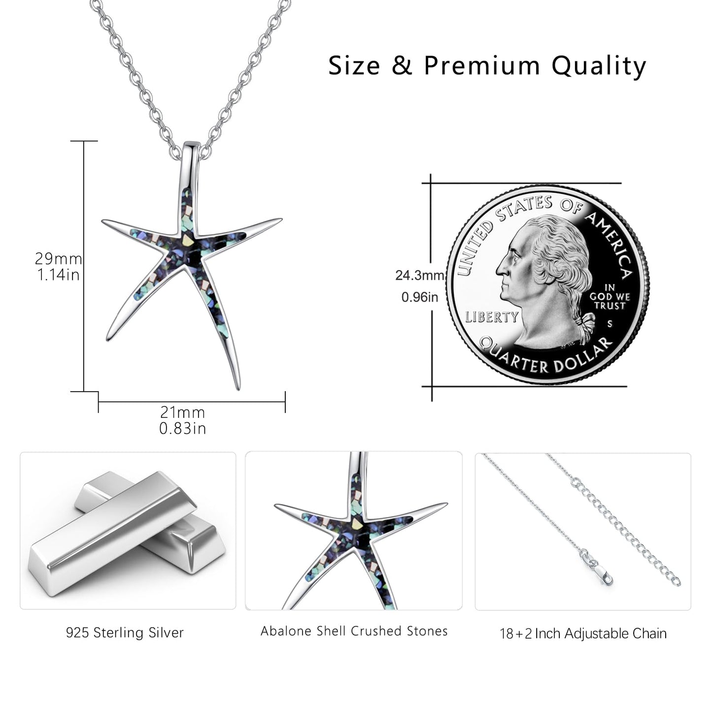 Cuoka Starfish Pendant Necklace with Abalone Shell for Women Adjustable Chain Hypoallergenic Fashion Trendy Chic Seashell Ocean Beach Sea Surfer Summer Holiday Jewelry Gift