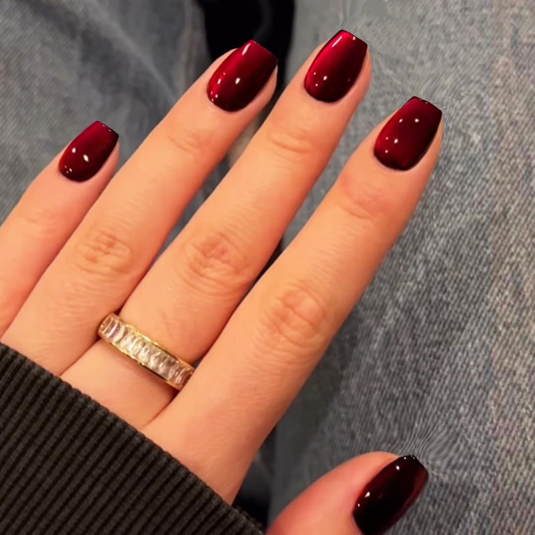 KQueenest Cat Eye Dark Red Press on Nails Short, 30 Pcs Press on Nails Square, Sparkly Chrome Black Fake Nails Press on Short, Reusable Soft Gel Glue on Nails for Women Birthday Party Manicure Gift