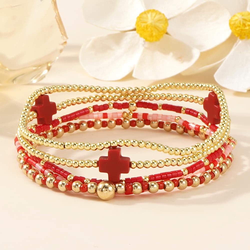 Bohxantium Gold Beaded Cross Bracelets for Women Dainty 14K Gold Plated Beads Ball Red Stretch Stackable Non Tarnish Bracelet Stack Boho Christian Jewelry Accessories Birthday Prom Friendship Gift