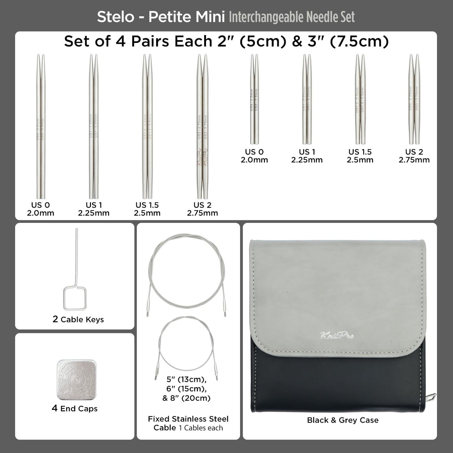 KnitPro Stelo Petite Mini Interchangeable Needle Set 2" (5cm) & 3" (7.5cm) | 4 US Sizes (0 to 2)