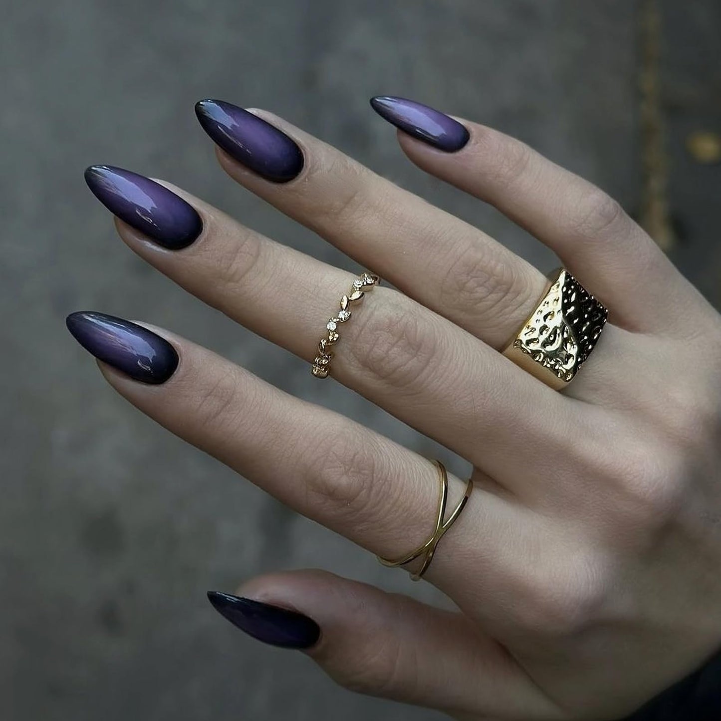 MISUD Press on Nails - Medium Almond Fake Nails with Goth Purple Black, Acrylic Gothic Design 24 pcs