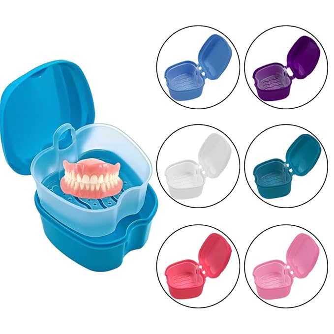 2pcs Denture Bath Retainer Case, Dentaure Cups for Soaking Dentures with Strainer Basket Tray,Compact and Pportable Design, Suitable for Traveling (Pink+White)