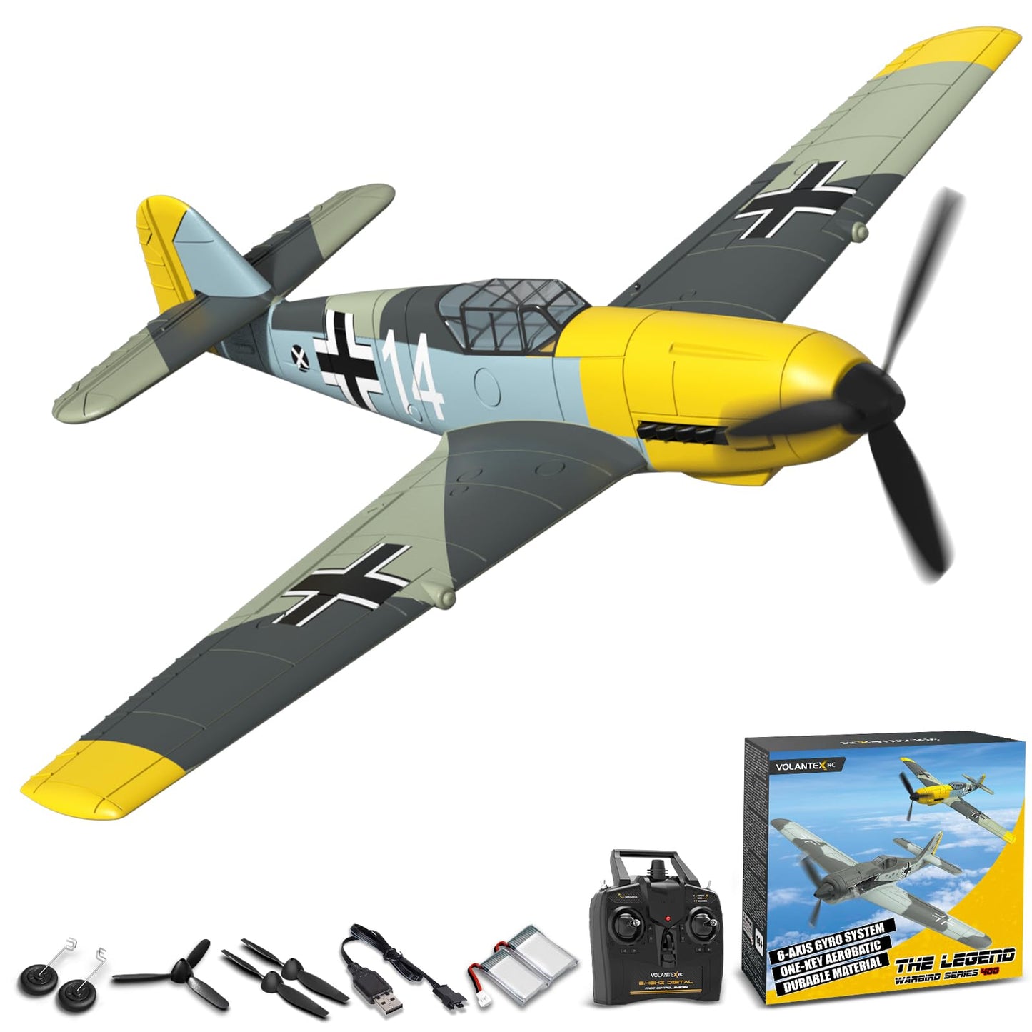 volantexrc RC Plane, 4 Channel Remote Control Airplane BF109 Fighter RTF with Aileron, Gyro, Aerobatics & 3 Modes Easy to Fly, Hobby Radio Controlled Aircraft for Beginners & Adults (Yellow)