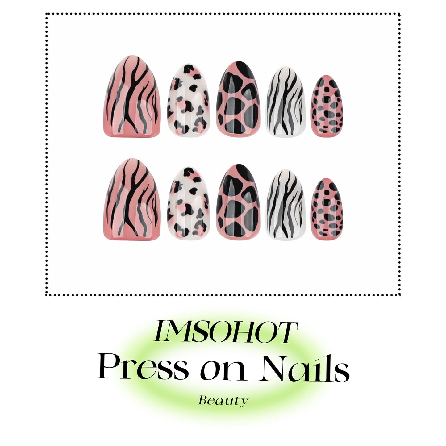 IMSOHOT Press on Nails Medium Almond Fake Nails Glossy Brown Acrylic Fake Nails with Leopard Print, Zebra Stripes Designs Stick on Fingernails Full Cover Gel Glue on Nail for Women 24Pcs