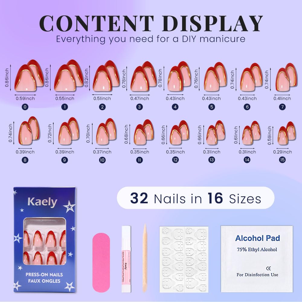 evpct French Tip Press On Nails Short Almond, Nude Pink + Gold Line & Ruby Red Tips, Glossy Short Almond Fake False Press on Nails, Reusable Gel Stick on nail Press ons with Nail Kit, Salon Quality