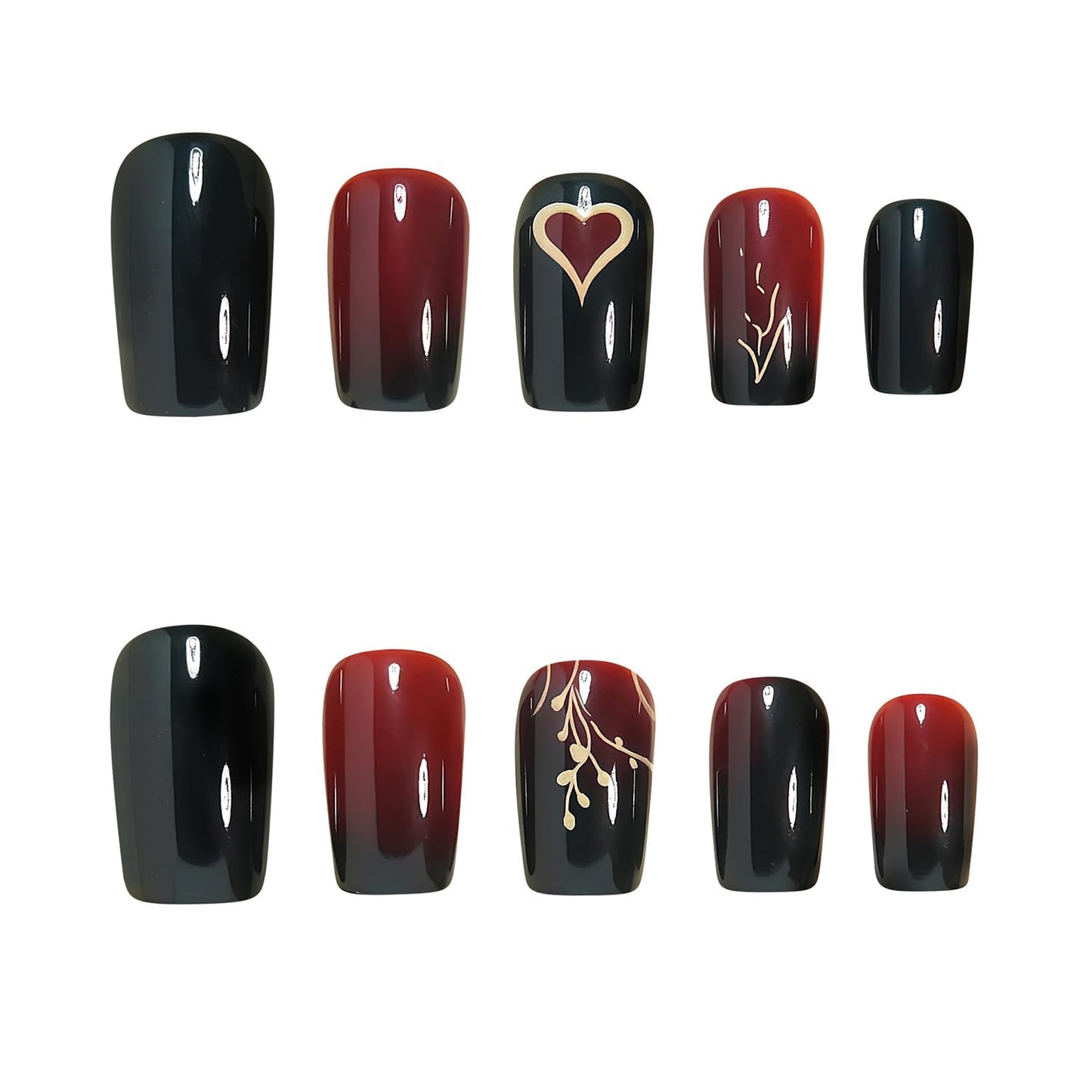 CEWEWP Short Square Press on Nails Wine Red Gradient Fake Nails Black False Nail with Gold Leaf and Heart Design Full Cover Acrylic Glossy Stick on Nails Valentine’s Day Glue on Nail for Women 24PCS