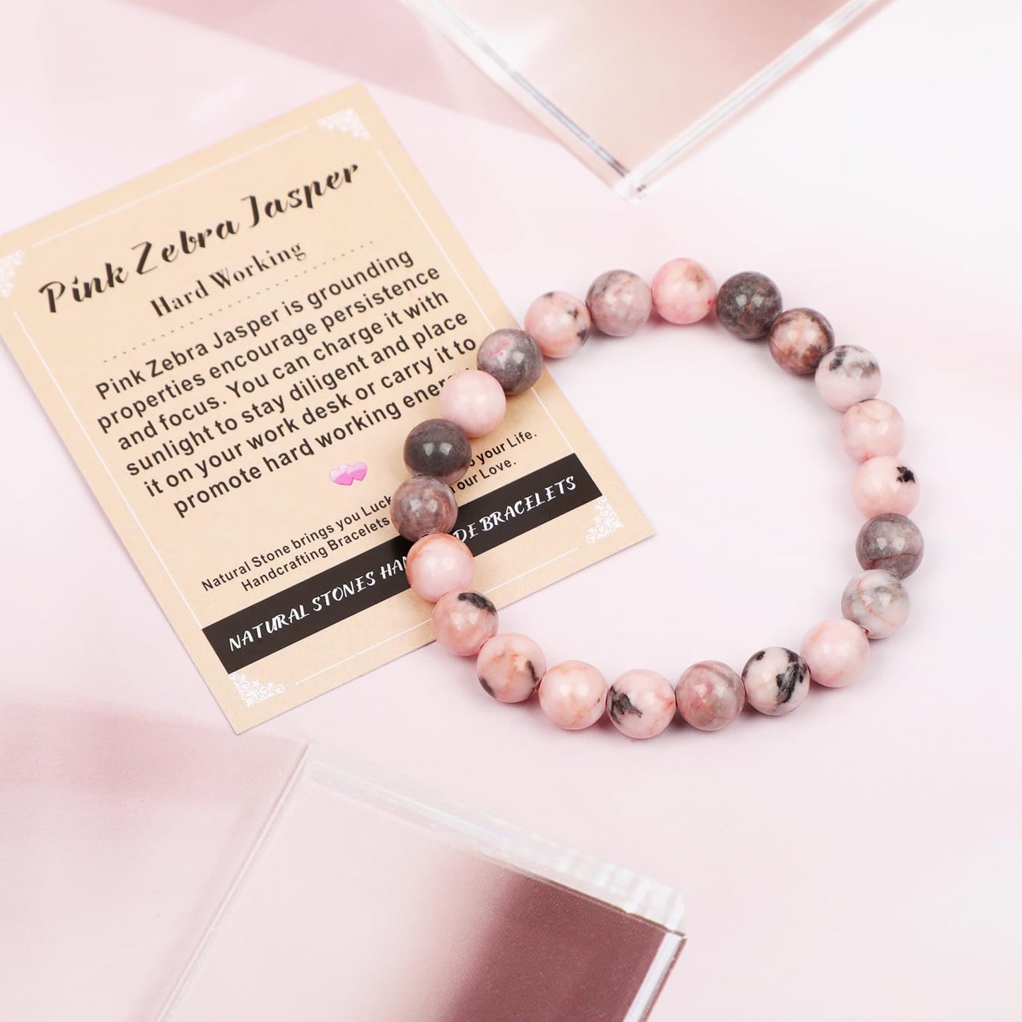 AD Beads Handmade Gemstone Stretch Elastic Bracelet Crystal Healing Reiki Nature's Beauty and Spiritual Essence Unisex (10mm, Pink Zebra Jasper (Hard Working))