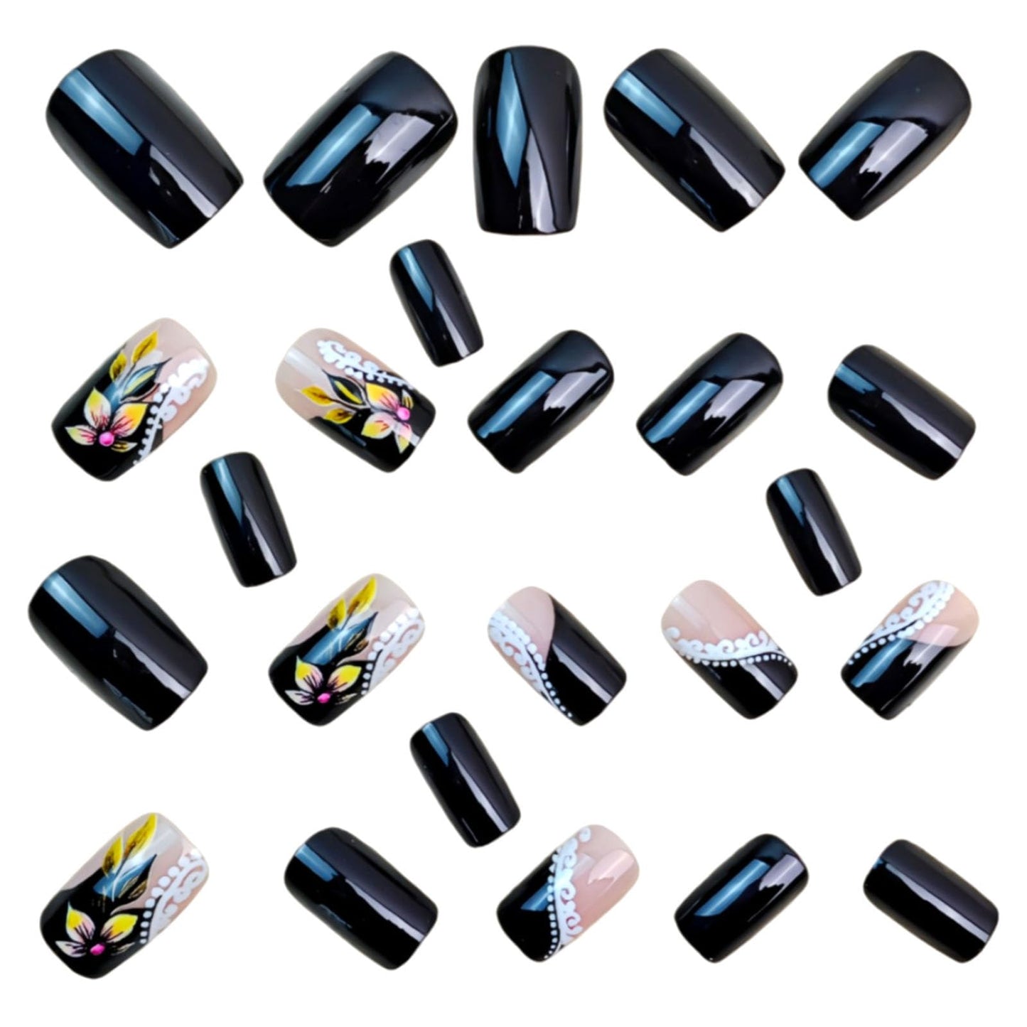 Medium Press on Nails Square Fake Nails with Yellow Flower White Lines Dot Designs Glossy Nails Press ons Black Full Cover Glue on Nails Cute Acrylic Nails Artificial Stick on Nails for Women 24Pcs
