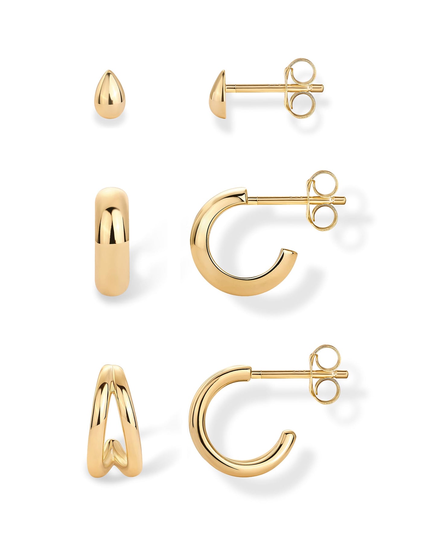 PAVOI 14K Yellow Gold Plated 925 Sterling Silver Posts 3-Pair Statement Earscape Earrings for Women - Three Set Double Huggie Multi Hoop Teardrop Stud Stack Piercing Pack