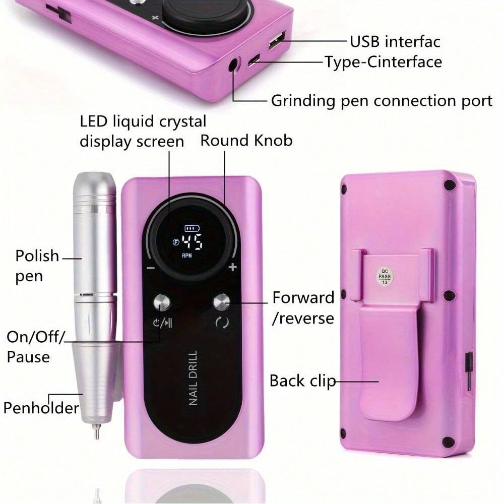 Professional 45000RPM Electric Portable Nail Drill Machine Rechargeable Low Noise Nail Sander File for Manicure Salon Tool (Pink)