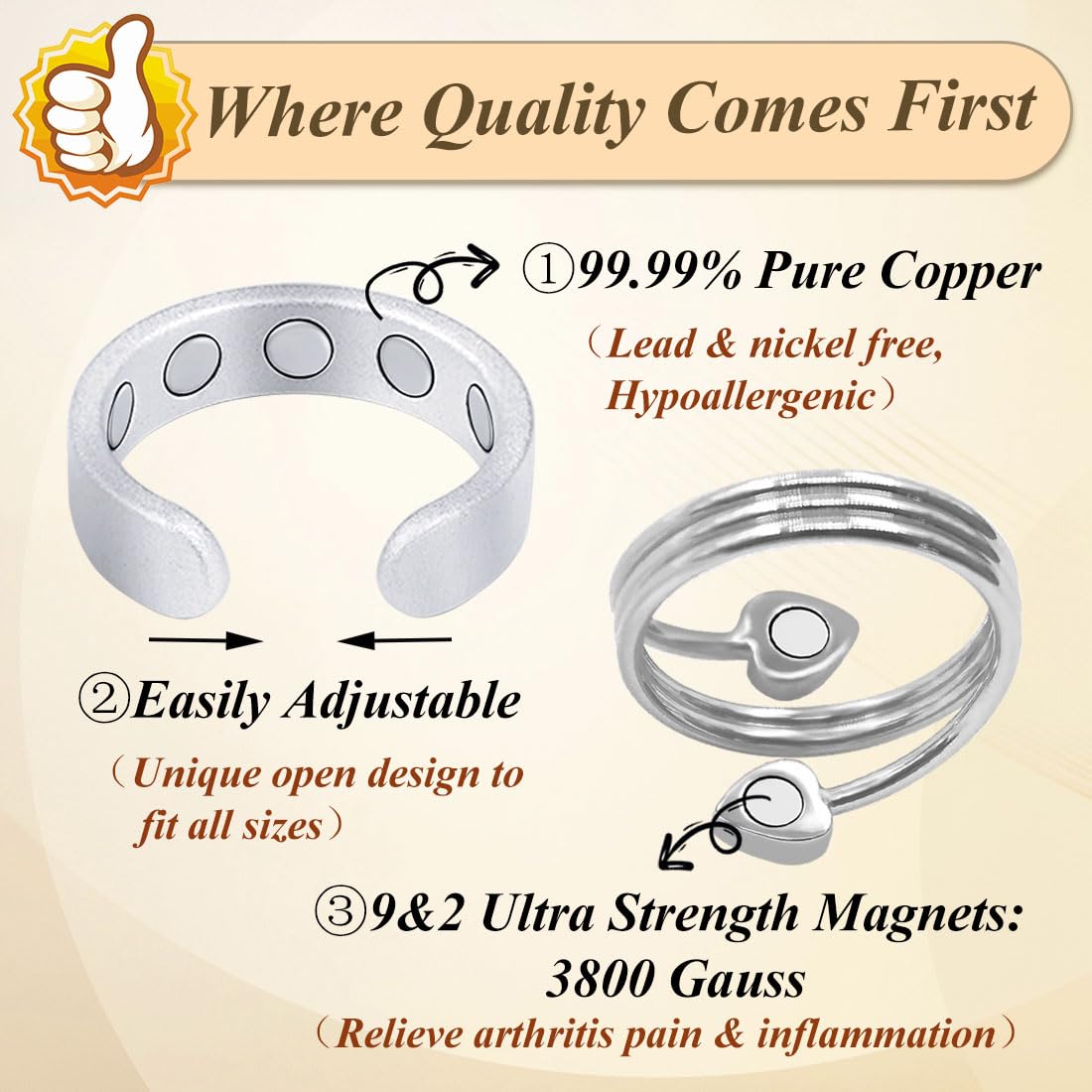 Cigmag 9X Copper Rings for Women, with Powerful Magnets, Adjustable Solid Pure Copper (Silver Matte & Heart)