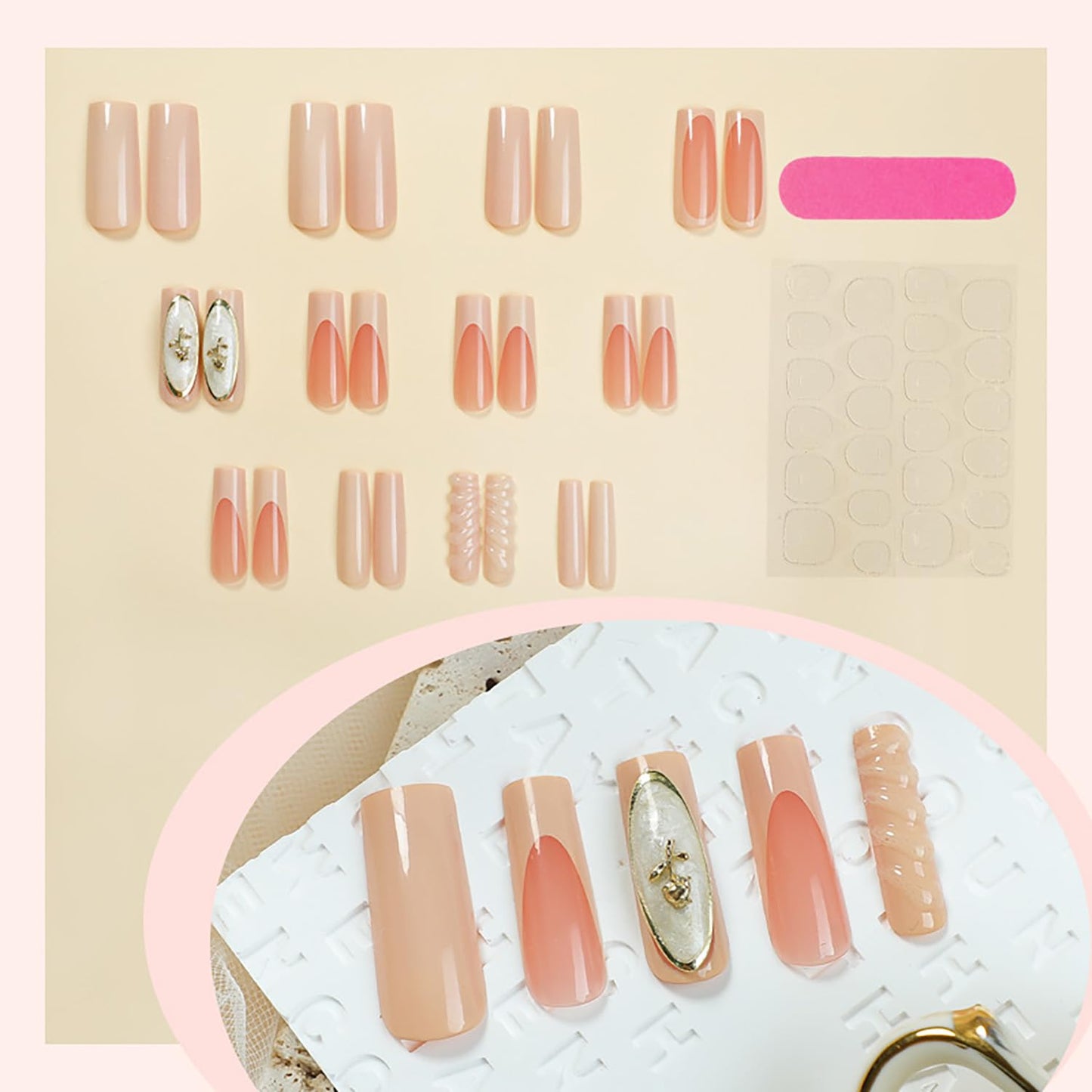 FIEONCIY Press on Nails Long Coffin Shaped Acrylic Glossy Full Cover Long Square French False Nails with Designs Artificial Extra Long Fake Nails with Charms Glue ons Fingernails for Women(XD9020)