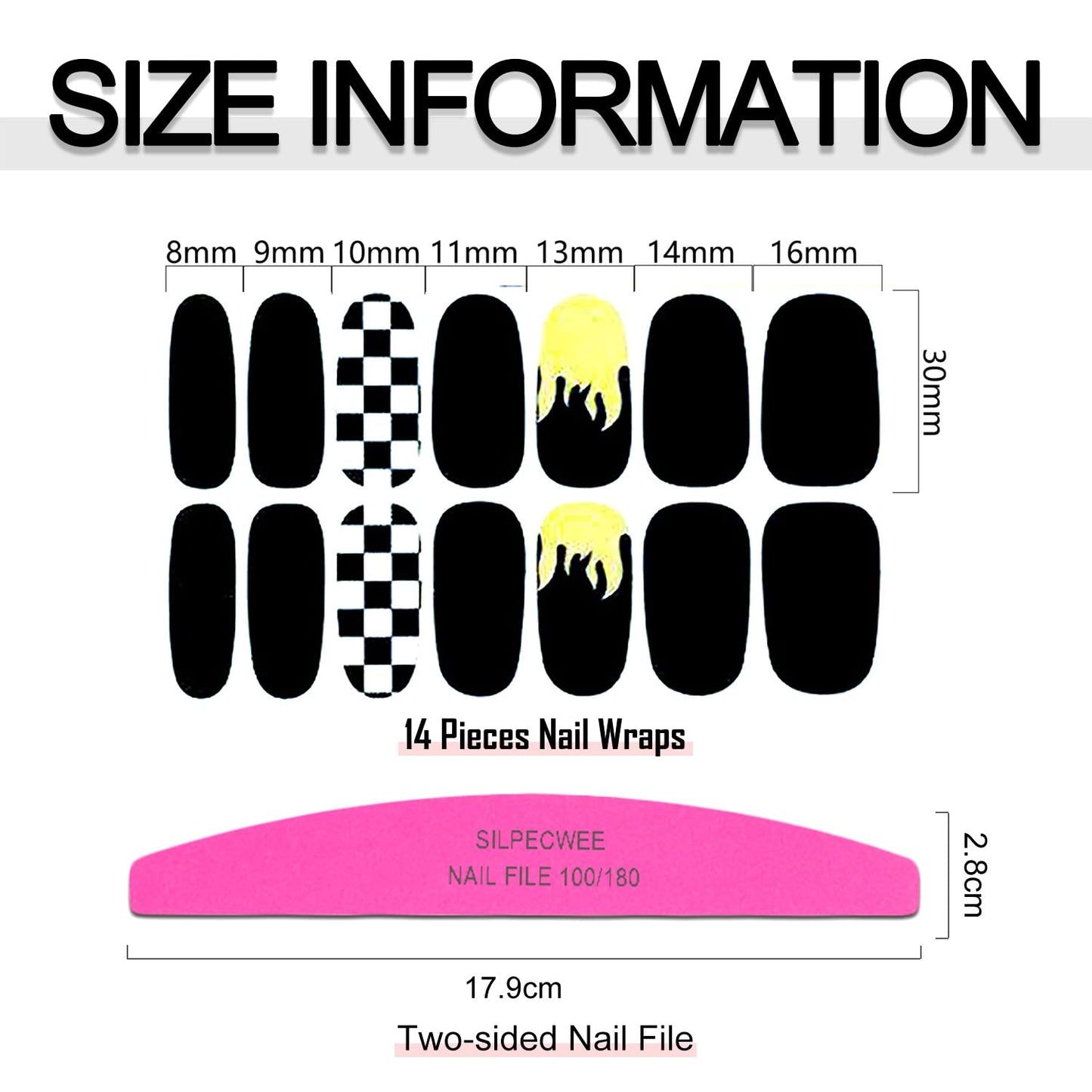 SILPECWEE 20 Sheets Black Style Nail Wraps for Women Stick on Nail Polish Strips Glitter Solid Color Self Adhesive Nail Polish Stickers Fingernail Manicure Sticker Nail Art with 1pc Nail File