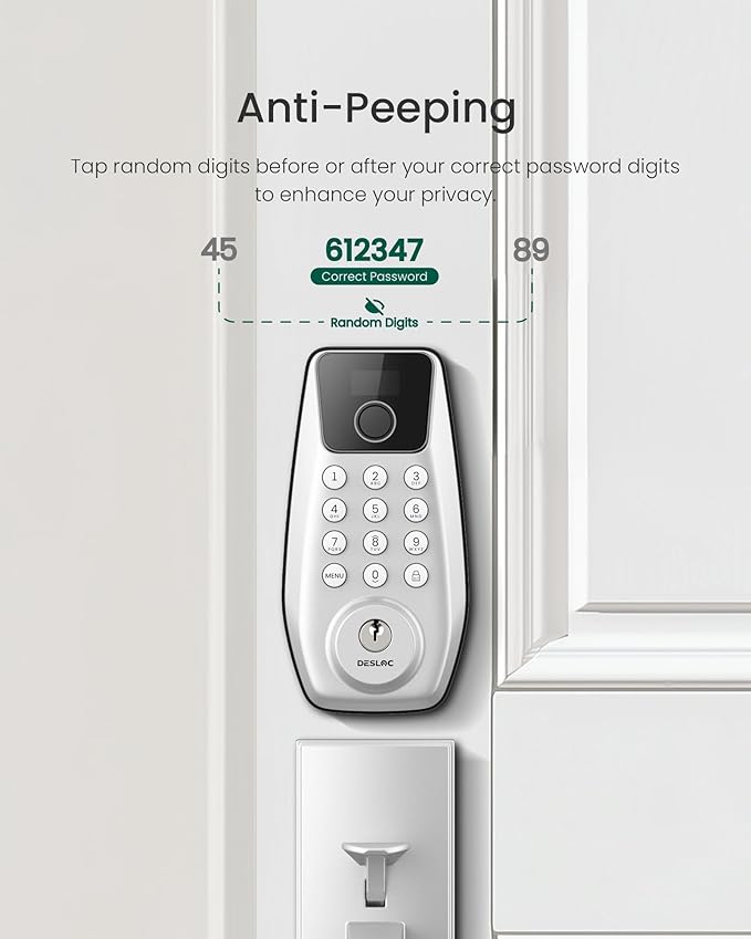 DESLOC C110 Fingerprint Smart Front Door Lock Set with Handle Keyless Entry Door Lock, Keypad Deadbolt, Auto-Lock, Easy DIY Installation, IP54 Weatherproof, Fits Most US Doors, Sliver