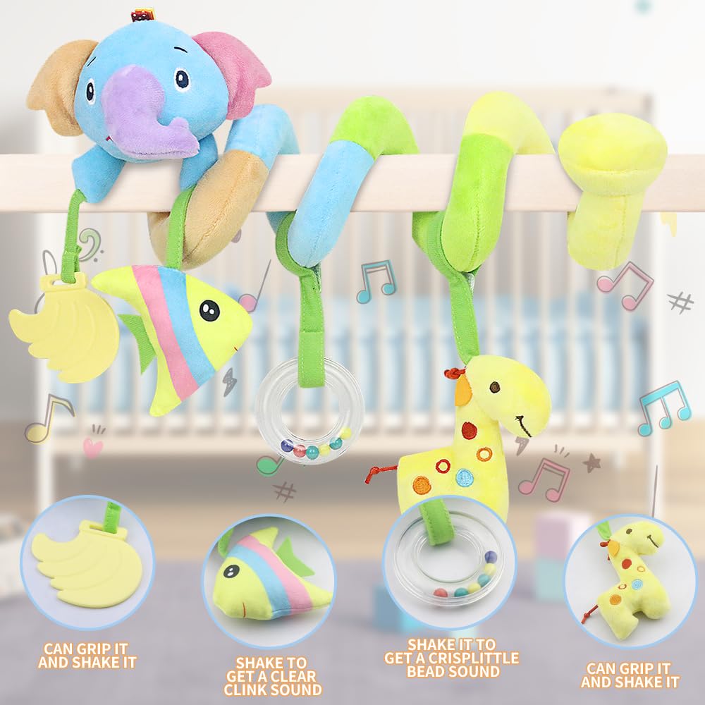 Caterbee Baby Car Seat Toys, Activity Spiral pram Hanging Toys with Rattle for Infant (Elephant)