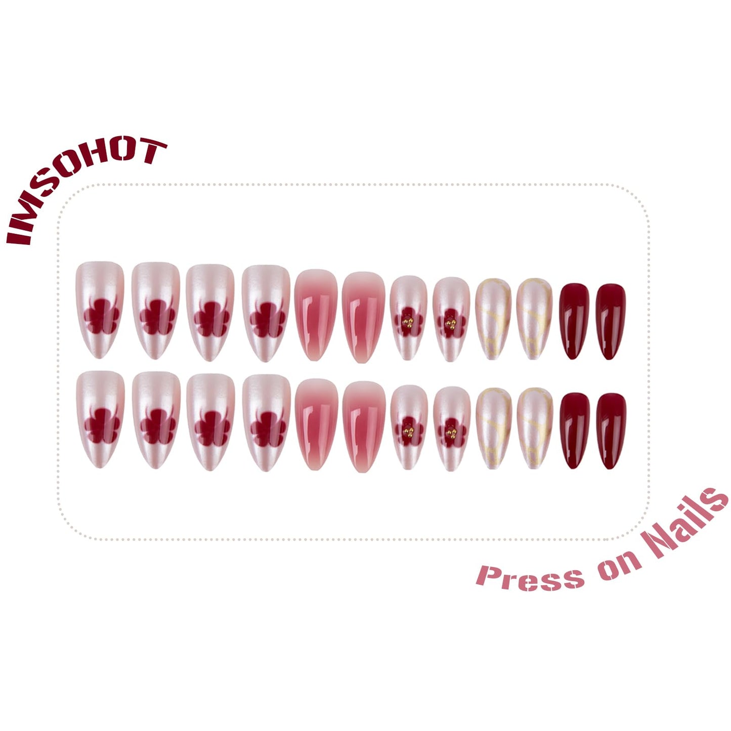 IMSOHOT Press on Nails Medium Almond, Chrome Silver Red Flower Fake Nails Glossy Acrylic French Tips False Nails Full Cover Glue on Nails