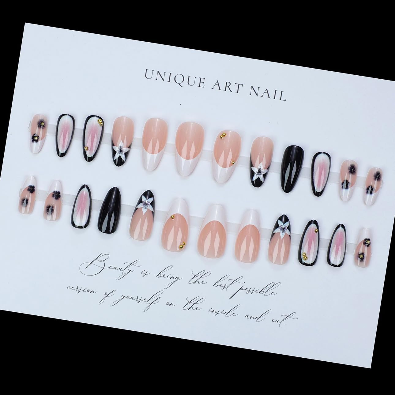 LPOODDNU Black White Press on Nails - Almond Medium French Fake Nails with Flower&Gold Bead Designs, Glossy Finished Reusable False Nails with Glue Tabs - 24Pcs Nail Kit for Women Manicure