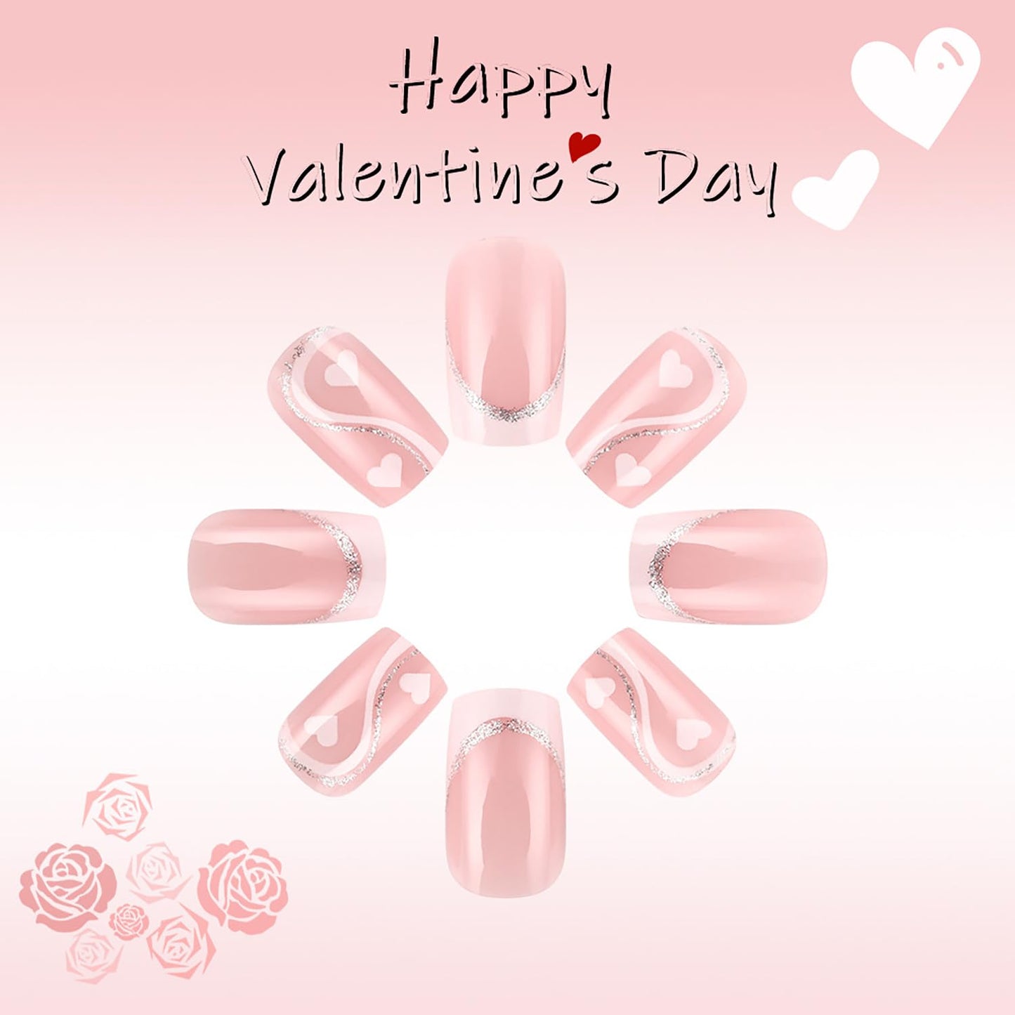 24Pcs Valentine's White French Tip Press on Nails Medium Square White Love Heart Stripe Design Full Cover Coffin Nails Artificial Stick on Nails DIY Holiday Acrylic Nails Set for Women
