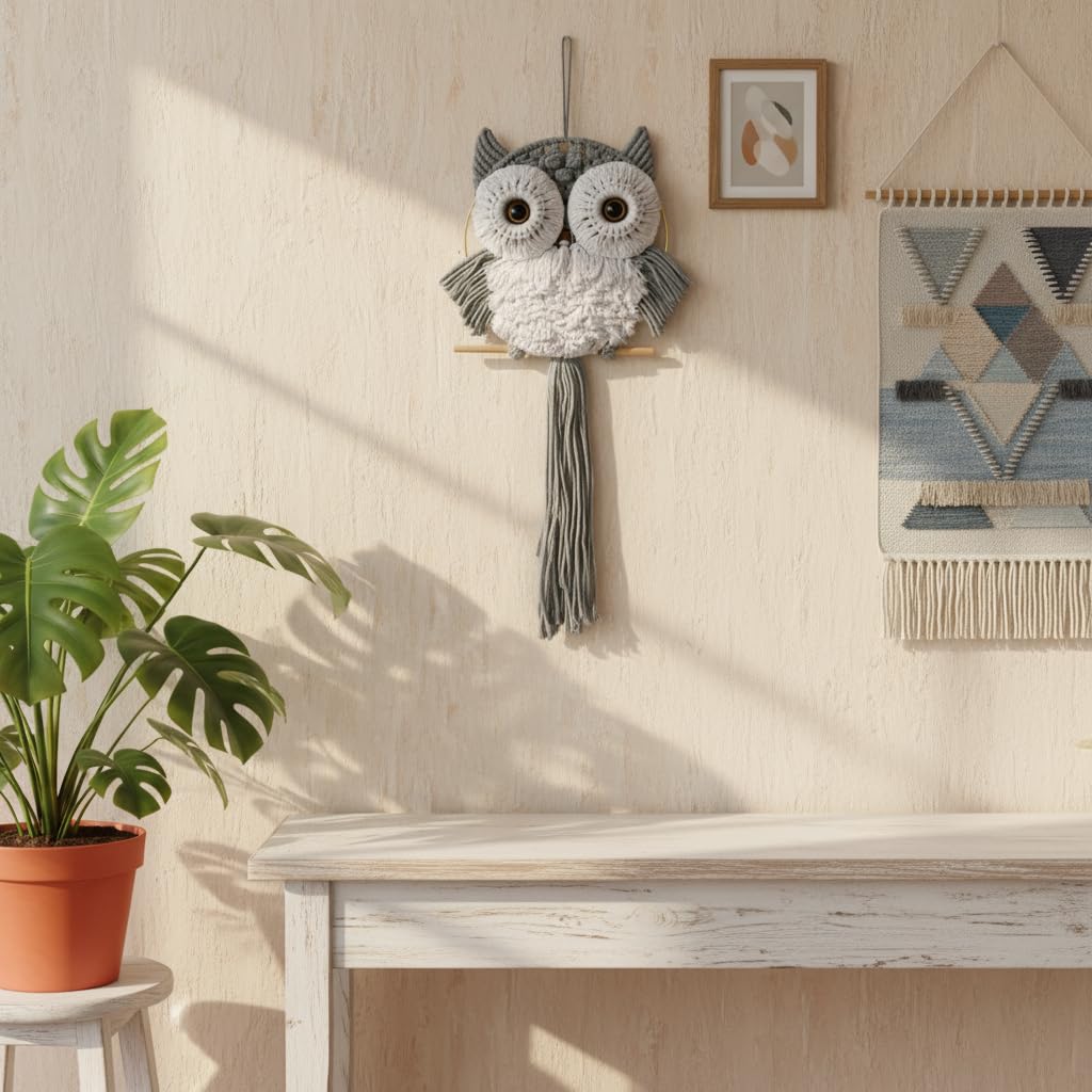 ACEDSGN Macrame Owl Wall Hanging Boho Hippy Decor, Handmade Tapestry Fiber Art Wall Decor for Nursery Bedroom Living Room, Sustainable Gift for Owl Lovers & Nature Fans