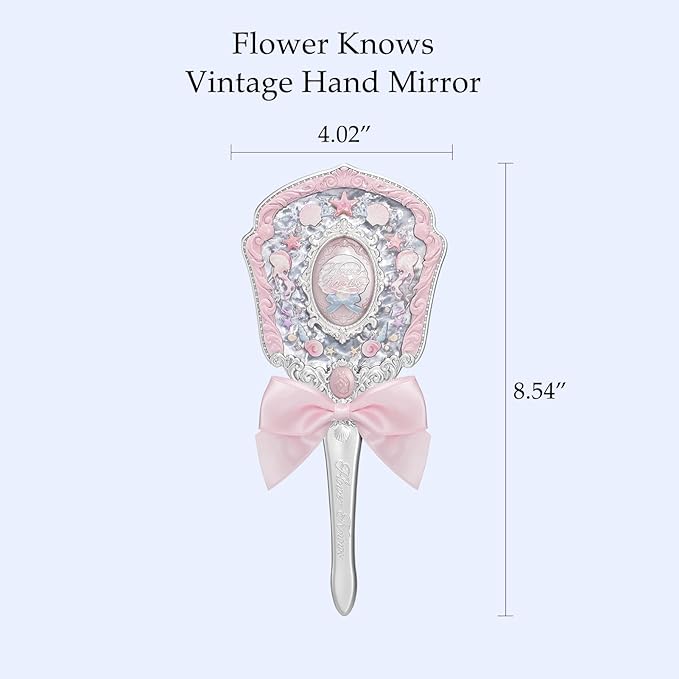 Flower Knows Shell's Jewel Hand Mirror,Vintage Portable Handheld Mirror,Fancy & Pretty Princess Mirror with Long Handle,Gift for Girls(Pink Seashell)