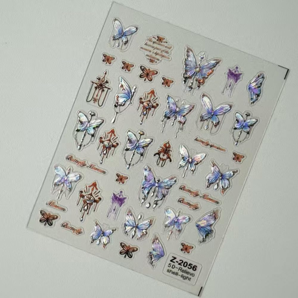 5D Embossed Nail Stickers Shell Light Butterfly Nail Decals 1PCS Butterfly Nail Art Stickers Decals Bronzing Blue Design Spring Summer Manicure Accessories for Women DIY Nail Art Decorations