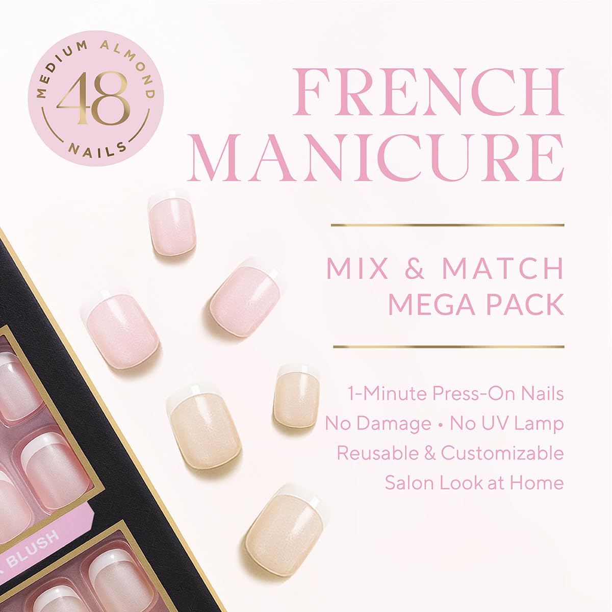 Pearlessence One Minute Press-On French Manicure Nails | 48-Count Mega Pack | Pink Blush & Nearly Nude | Short Rounded Shape | Easy Application, No Dry Time