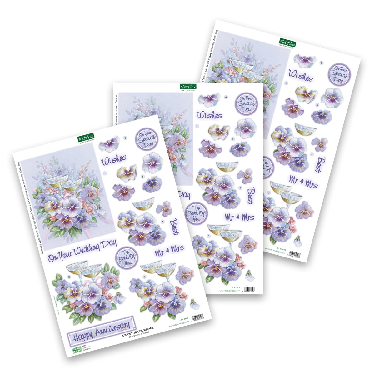 Katy Sue Designs On Your Special Day 3D Die-Cut Decoupage Sheets for Card Making & Scrapbooking. 9 Sheets of Katy Sue Die Cuts - Book & Flowers, Champagne & Violets & Soft Pink Roses