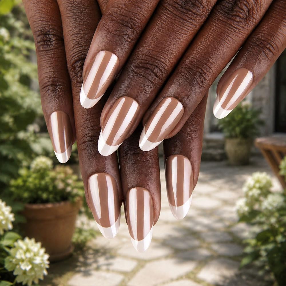 evpct French Tip Press On Nails Medium Almond, Nude Brown + White Tips, Chrome Glazed Medium Almond Fake False Press on Nails, Soft Gel Stick on nail Press ons Nail Kit, Reusable Salon Quality