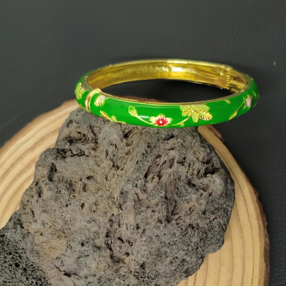 BlingNook Cloisonne Bracelet For Women, Chunky Bangle Trendy Cute Flower Enamel Bangles Multi Tone Engraved Cuff Gold Plated Bracelets Stackable Wife Jewelry Friendship Gift (Emerald Green, One Size)