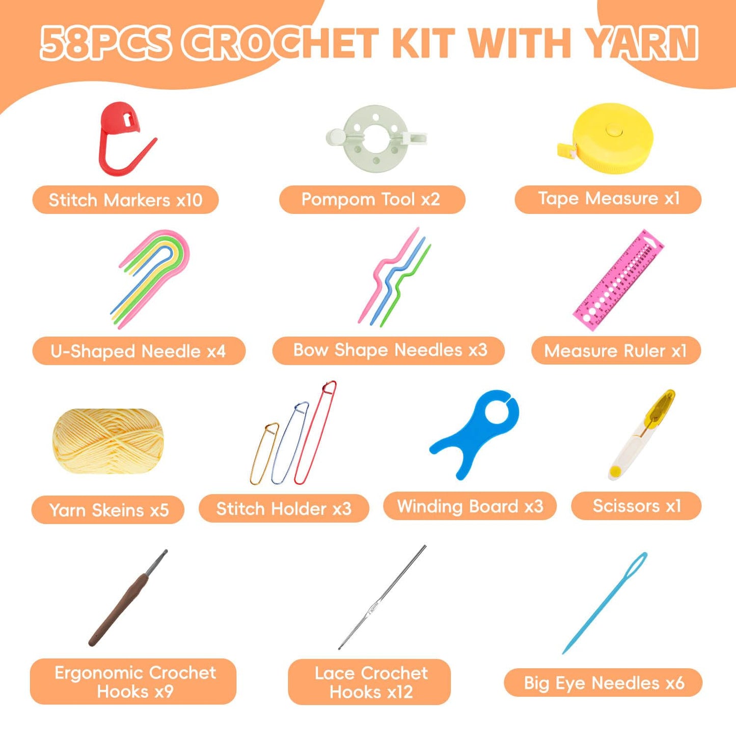 HATINXIA 58pcs Crochet Kit Beginners, Crochet Hook Set with Yarn, Portable Crocheting Kit for Starter, Ergonomic Crochet Needles Tools DIY Knitting Accessories for Experienced Crochet Lovers, Floral