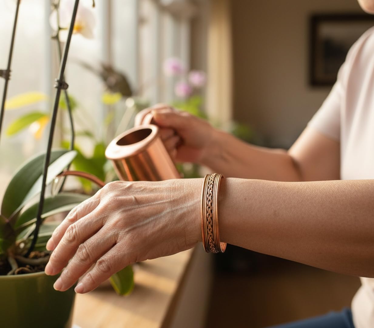 Touchstone Copper Magnetic Hand Forged With Solid And High Gauge Tibetan Style Chains Pattern Minimalistic Elegance Pure Copper Bracelet In Two Tones.