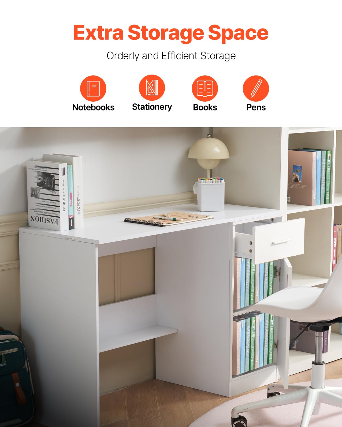 VEVOR Small Desk with Drawer, Kids Desk for Bedroom, Wooden Simple Study Table for Drawing, Reading, Writing, Rectangle MDF Study Storage Table with Adjustable Shelf for Home, Office, White