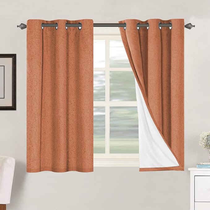 H.VERSAILTEX 100% Blackout Curtains for Bedroom Thermal Insulated Linen Textured Curtains Heat and Full Light Blocking Drapes Living Room Curtains 2 Panel Sets, 42x45 Inch, Orange