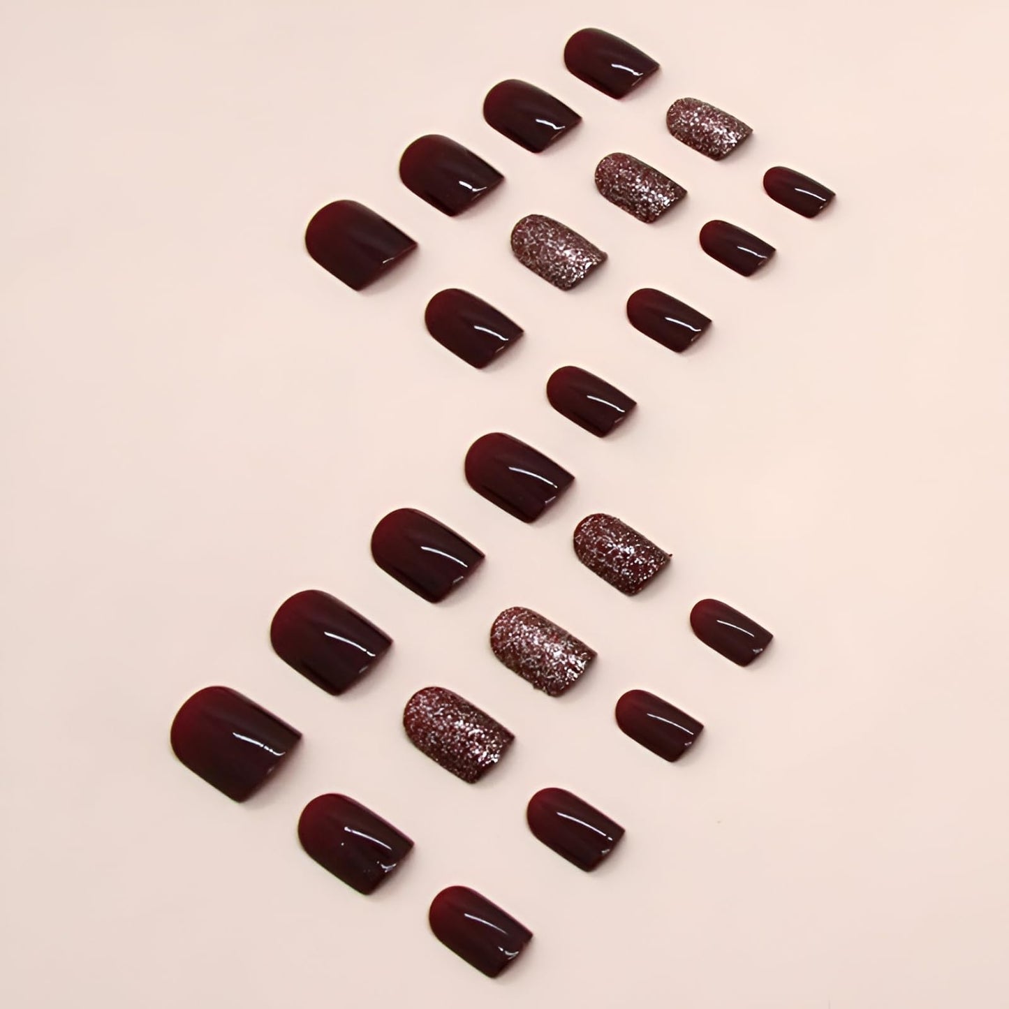 Square Press on Nails Short Red Fake Nails with Glitter Design Coffin Glossy False Nails Acrylic Nails Full Cover Stick on Nails Glue on Nails for Women